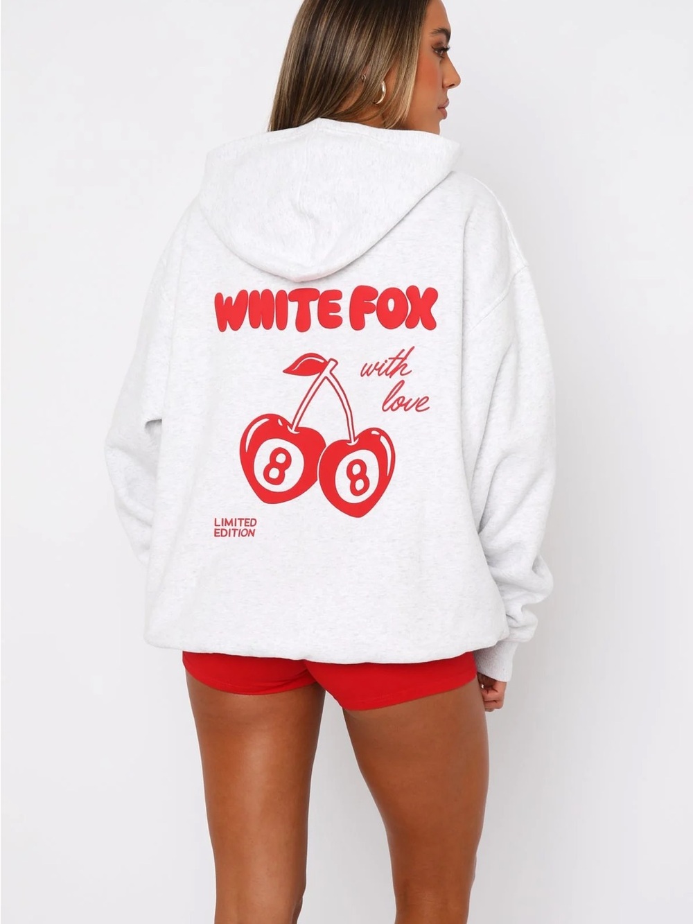 White Fox Boutique White Hoodie with Red Cherry Graphic